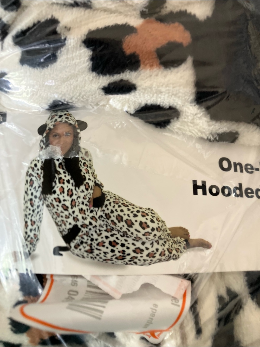 Plush Hooded Kids One-Piece in White with Black and Brown Spots